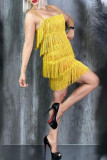 Gold Sexy Solid Tassel Patchwork Spaghetti Strap Straight Dresses
