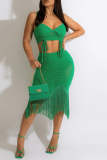 Green Sexy Solid Tassel Hollowed Out Spaghetti Strap Sleeveless Two Pieces