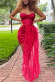 Red Sexy Formal Patchwork Hollowed Out Sequins Backless Strapless Evening Dress