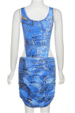 Blue Fashion Sexy Print Bandage Hollowed Out U Neck Sleeveless Two Pieces