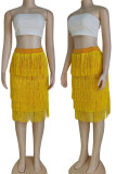 Red Casual Solid Tassel Patchwork High Waist Straight Solid Color Bottoms
