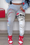 Grey Fashion Casual Print Patchwork Regular High Waist Trousers