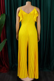Red Sexy Solid Patchwork Flounce Fold Spaghetti Strap Straight Jumpsuits