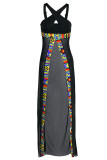 Black Sexy Print Patchwork Slit Swimwears Cover Up