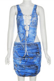 Blue Fashion Sexy Print Bandage Hollowed Out U Neck Sleeveless Two Pieces