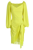 Yellow Casual Solid Tassel Patchwork Asymmetrical V Neck Straight Dresses