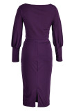 Purple Fashion Casual Solid Basic Oblique Collar Long Sleeve Dresses