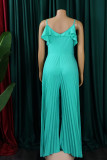 Red Sexy Solid Patchwork Flounce Fold Spaghetti Strap Straight Jumpsuits