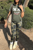 Army Green Fashion Casual Print Basic O Neck Short Sleeve Two Pieces