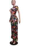 Tangerine Red Fashion Print Patchwork One Shoulder Straight Jumpsuits