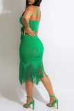Green Sexy Solid Tassel Hollowed Out Spaghetti Strap Sleeveless Two Pieces