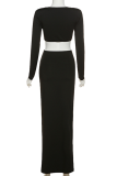 Black Sexy Solid Hollowed Out Square Collar Long Sleeve Two Pieces