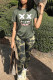 Army Green Fashion Casual Print Basic O Neck Short Sleeve Two Pieces