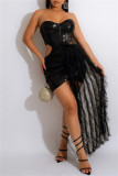 Red Sexy Formal Patchwork Hollowed Out Sequins Backless Strapless Evening Dress