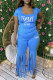 Blue Casual Print Tassel Patchwork U Neck Short Sleeve Two Pieces