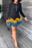 Blue Fashion Print Flounce O Neck Cake Skirt Dresses