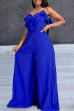 Red Sexy Solid Patchwork Flounce Fold Spaghetti Strap Straight Jumpsuits