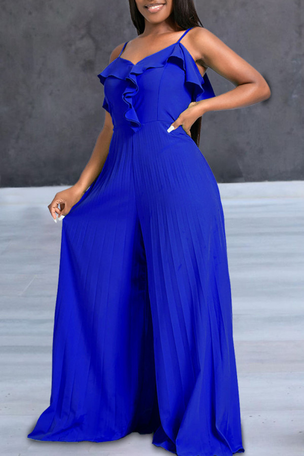 Blue Sexy Solid Patchwork Flounce Fold Spaghetti Strap Straight Jumpsuits