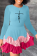 Blue Fashion Print Flounce O Neck Cake Skirt Dresses