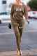 Dark Khaki Fashion Casual Print Letter Boat Neck Long Sleeve Two Pieces