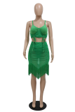 Green Sexy Solid Tassel Hollowed Out Spaghetti Strap Sleeveless Two Pieces