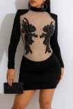 Black Fashion Sexy Embroidery Patchwork See-through Turtleneck Long Sleeve Dresses