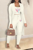 White Casual Print Patchwork Spaghetti Strap Long Sleeve Three Pieces