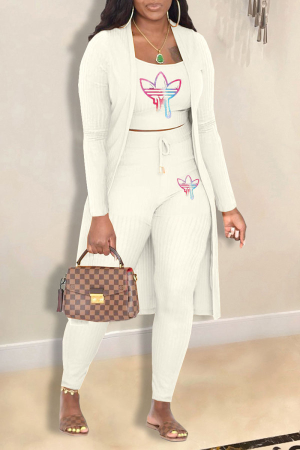 White Casual Print Patchwork Spaghetti Strap Long Sleeve Three Pieces