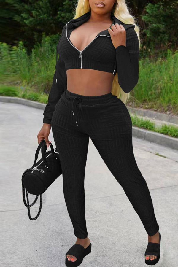 Black Casual Solid Patchwork Zipper Hooded Collar Long Sleeve Two Pieces