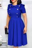 Blue Casual Solid Flounce Turndown Collar Waist Skirt Dresses