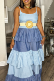 Sky Blue Fashion Patchwork Flounce Spaghetti Strap Cake Skirt Dresses