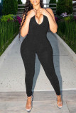 Blue Sexy Casual Solid Backless Halter Skinny Jumpsuits