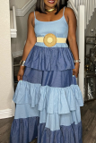 Sky Blue Fashion Patchwork Flounce Spaghetti Strap Cake Skirt Dresses