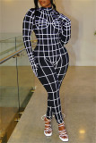 Black Fashion Casual Print Patchwork Turtleneck Skinny Jumpsuits