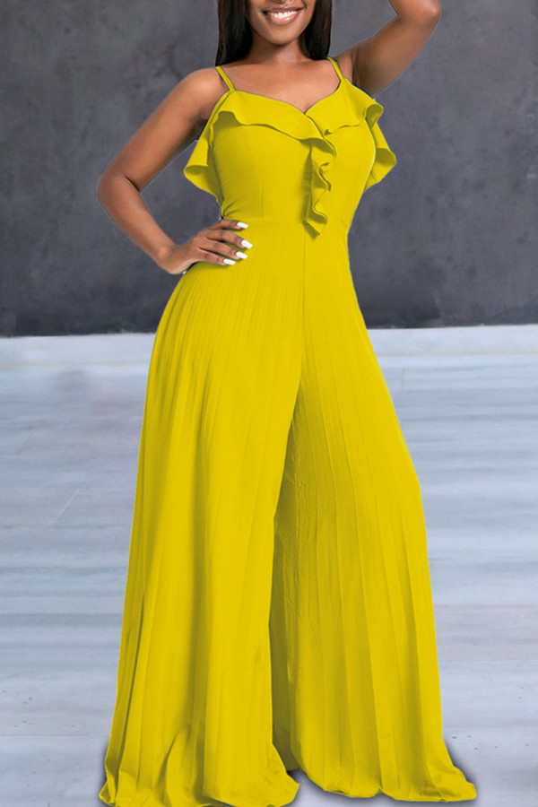 Yellow Sexy Solid Patchwork Flounce Fold Spaghetti Strap Straight Jumpsuits