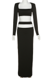Black Sexy Solid Hollowed Out Square Collar Long Sleeve Two Pieces