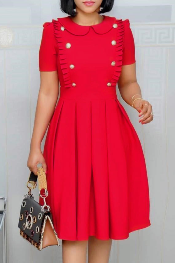 Red Casual Solid Flounce Turndown Collar Waist Skirt Dresses