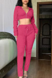 Pink Casual Solid Patchwork Zipper Hooded Collar Long Sleeve Two Pieces