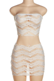White Sexy Solid Lace Strapless Sleeveless Two Pieces