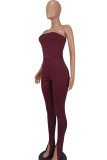 Coffee Sexy Solid Patchwork Strapless Skinny Jumpsuits