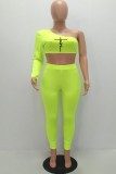 Fluorescent Green Sexy Sportswear Print Patchwork Oblique Collar Long Sleeve Two Pieces