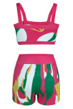 Rose Red Fashion Sexy Print Backless Spaghetti Strap Sleeveless Two Pieces