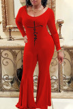 Red Casual Print Patchwork U Neck Boot Cut Jumpsuits