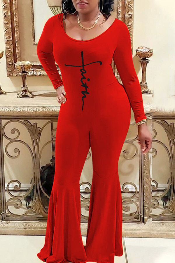 Red Casual Print Patchwork U Neck Boot Cut Jumpsuits