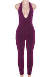 Blue Sexy Casual Solid Backless Halter Skinny Jumpsuits
