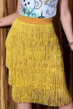 Yellow Casual Solid Tassel Patchwork High Waist Straight Solid Color Bottoms