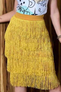 Yellow Casual Solid Tassel Patchwork High Waist Straight Solid Color Bottoms