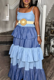 Sky Blue Fashion Patchwork Flounce Spaghetti Strap Cake Skirt Dresses