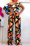 Tangerine Red Fashion Print Patchwork One Shoulder Straight Jumpsuits