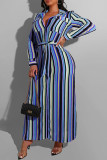 Coffee Fashion Casual Striped Print With Belt Turndown Collar Long Sleeve Plus Size Dresses